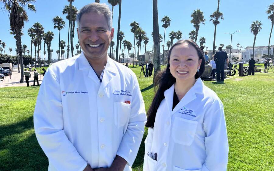Scripps Mercy Hospital San Diego medical director of trauma Vishal Bansal, MD (left), and Scripps Memorial Hospital La Jolla associate director of trauma and acute care surgery Nina Lu, MD.