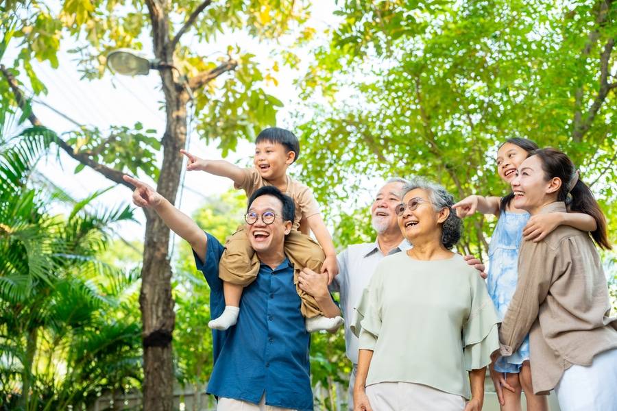 A family of all ages, enjoying activities outdoors.
