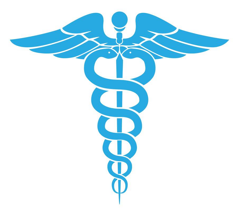 Health care symbol, Caduceus, two serpents encircle a short staff with wings at the top.