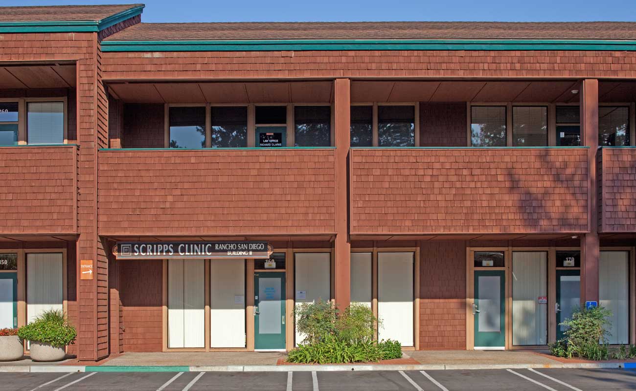 The exterior of Scripps Clinic Rancho San Diego, a doctor’s office located in a shopping center at the corner of Avocado Blvd. and Calle Verde in La Mesa.