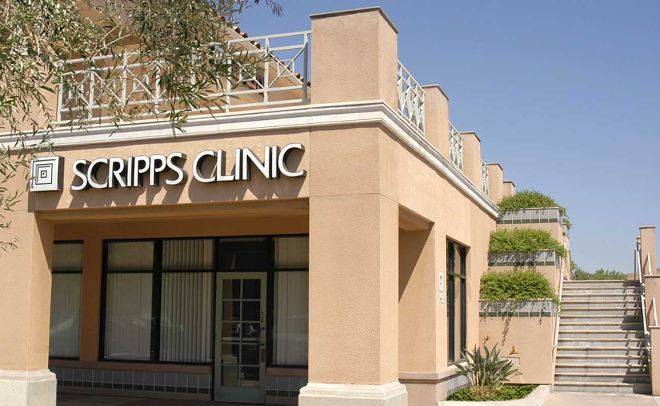 The exterior of Scripps Clinic Santee, a doctor’s office located in a shopping center near the corner of Town Center Parkway and Cuyamaca Street in Santee.