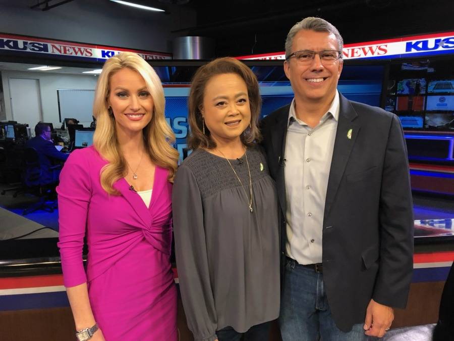 KUSI host Lauren Phinney, and husband and wife, Annabelle and Robert Villarreal of Chula Vista on KUSI news studio.