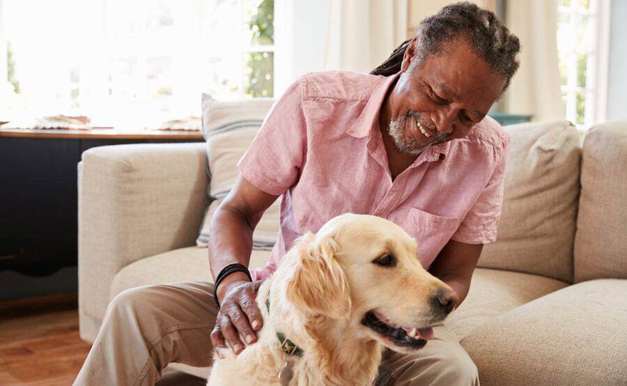A mature black man pets his Golden Retriever dog, representing lung cancer care at Scripps Health.