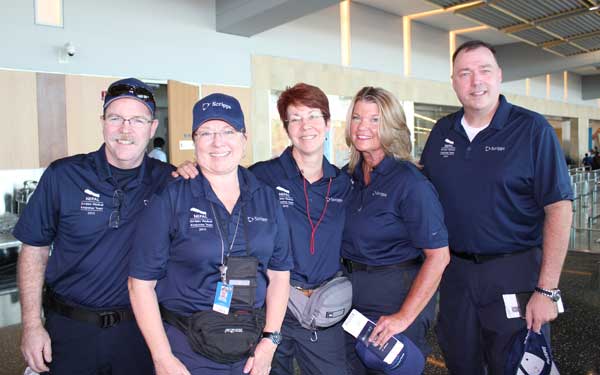 Scripps Health Medical Response Team members (left to right) Tim Collins; Patty Skoglund, RN; Debra McQuillen, RN; Jan Zachry, RN; and Steve Miller, RN; in San Diego International Airport on May 1 just before leaving for a three-week mission to Nepal. (Photo credit: Scripps Health)
View high-resolution image