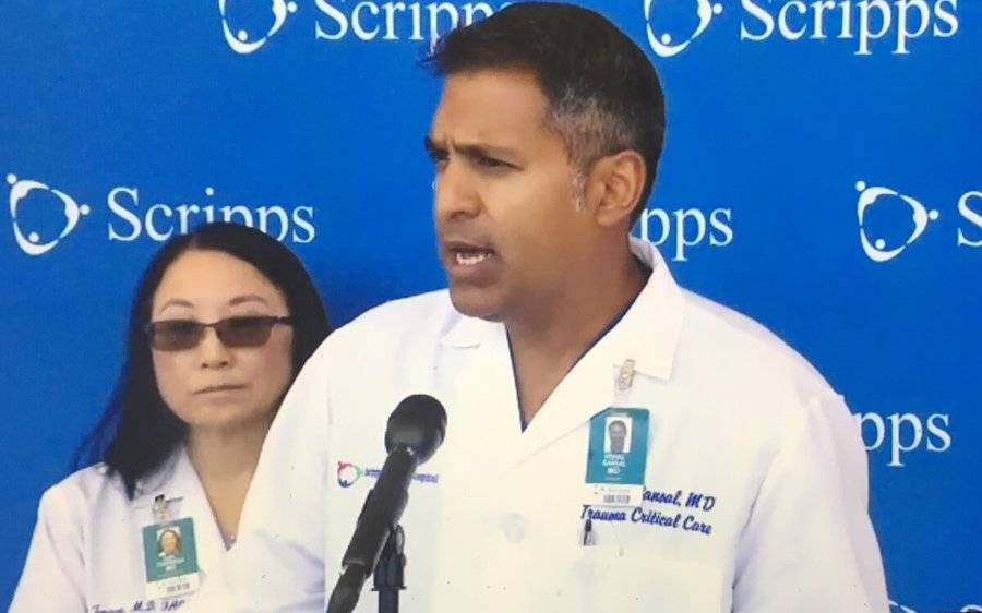Two Scripps doctors at a press conference talk about responding to a mass shooting in nearby University City.