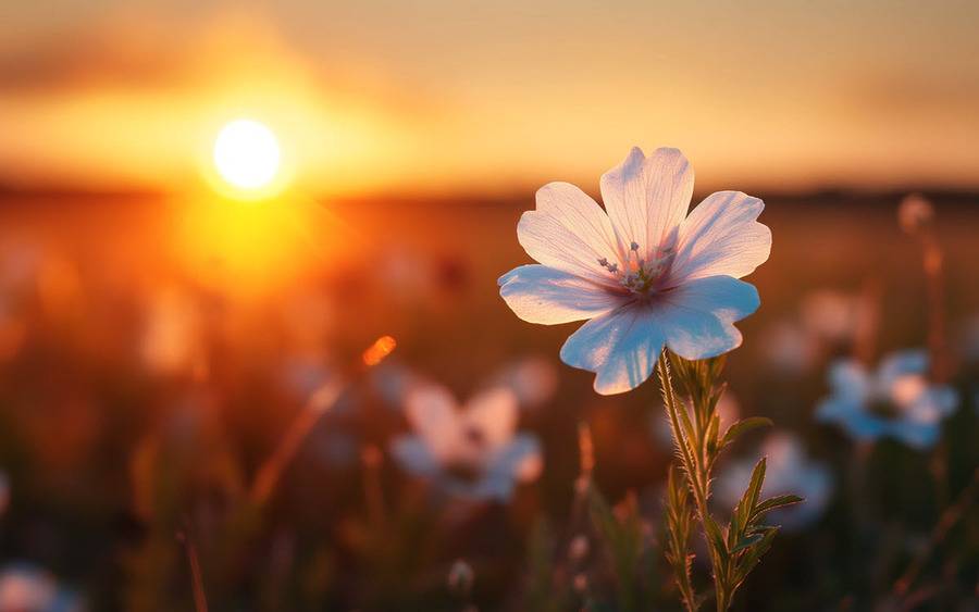 The sunsets shining through wildflowers.