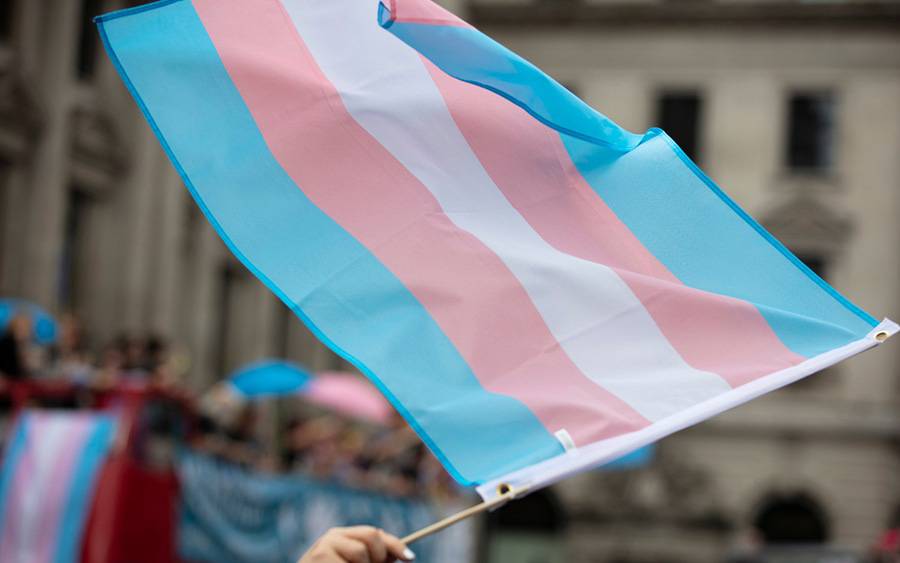 Held in the air during a pride parade, the Transgender Pride Flag has five horizontal stripes: two light blue, two pink, and one white in the center.
