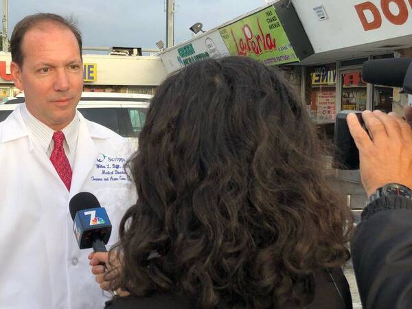 Walter Biffl, MD, trauma surgeon, is interviewed by an NBC 7 reporter, urging caution this Thursday when bike enthusiasts participate in National Bike to Work Day. Dr. Biffl offered tips to prevent trauma injuries.