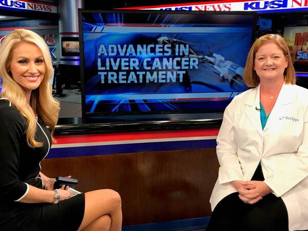 KUSI anchor Lauren Phinney and hepatologist Catherine Frenette, MD, of Scripps Clinic at KUSI studios after interview on liver cancer.
