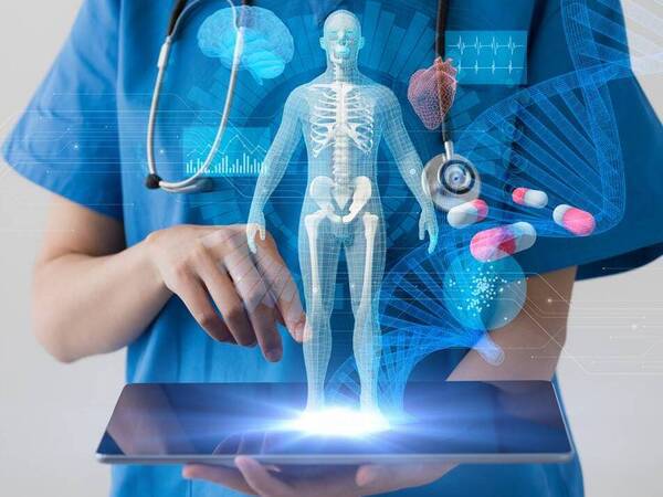 A health care provider holds a mobile tablet and views 3D images of a human body, a DNA sequence, pills and graphical data.