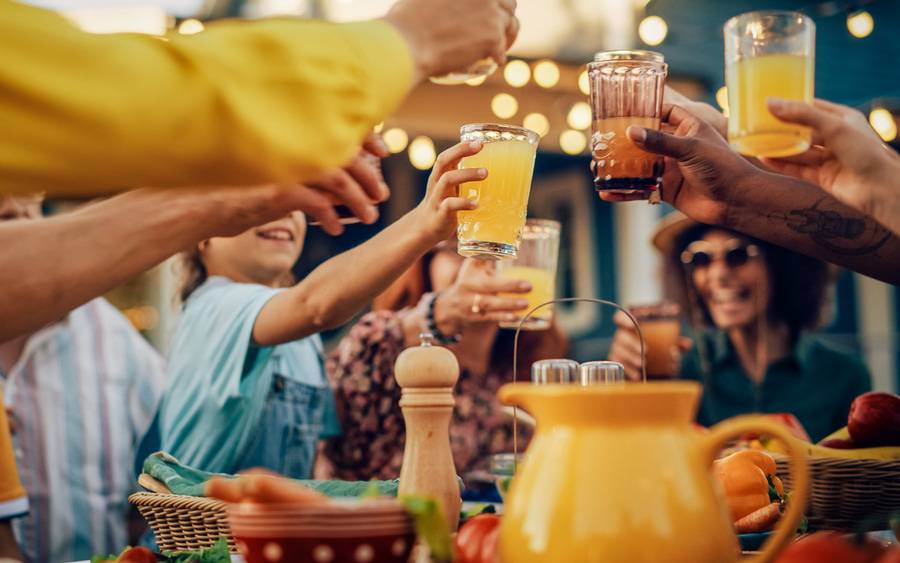 A group of people toast with non-alcoholic beverages sitting around a table.