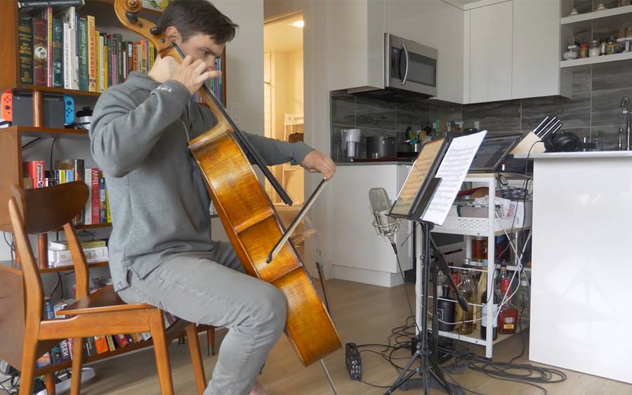 Cellist Andrew Janss performs a live, virtual concert for a hospitalized COVID-19 Scripps patient.