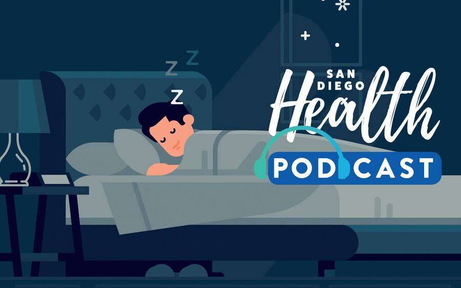 Young man sleeping soundly in bed, infographic for podcast.