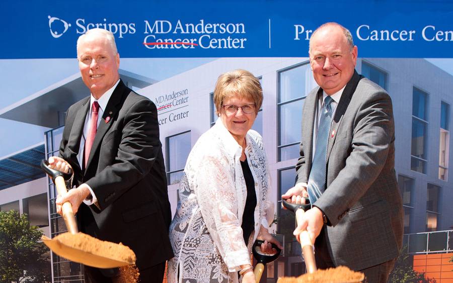 Chris Van Gorder, CEO of Scripps Health proudly breaks ground on a new cancer facility with Luarie Ann and Dr. Buchholz.