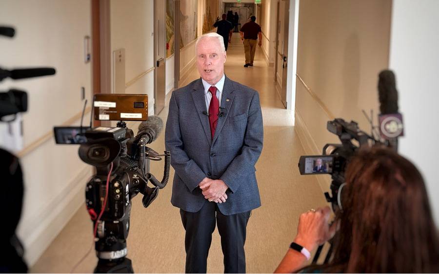 Chris Van Gorder, president and CEO of Scripps Health, talks to reporters during a media tour of the new North Tower at Scripps Memorial Hospital La Jolla.