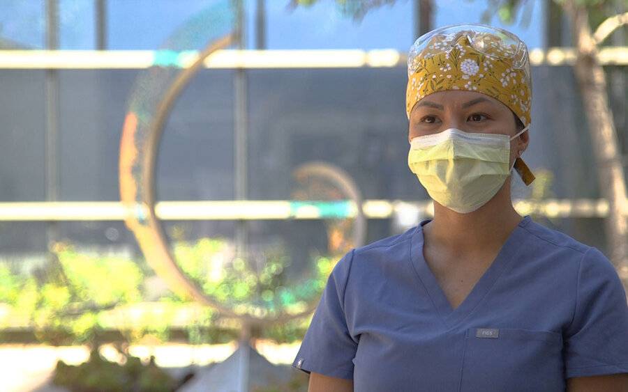 Della Tagayuna, RN wearing a mask as she talks about how she's caring for COVID patients.