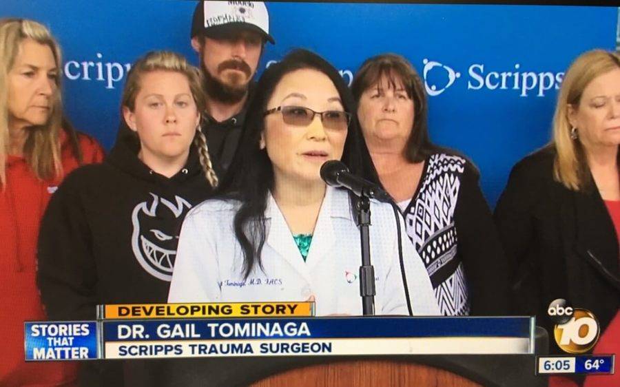 Gail Tominaga, MD, trauma surgeon at Scripps Memorial Hospital La Jolla, provides a medical update on a shark attack victim.
