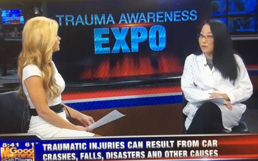 Gail Tominaga, MD, trauma surgeon talks with a KUSI news reporter about trauma prevention advice. 