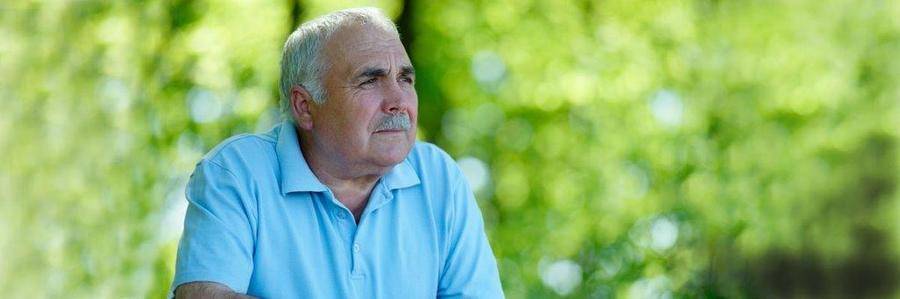 A pensive middle-aged man wearing a blue shirt gazes to the right while seated in a sunny park setting.