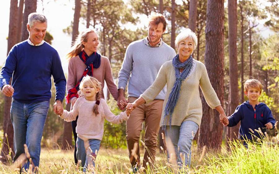 A multi-generational family walks through the woods, representing the activities you can enjoy after learning about fall prevention.