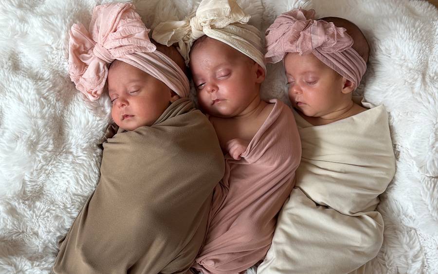 Triplets sleeping next to each other and swaddled.