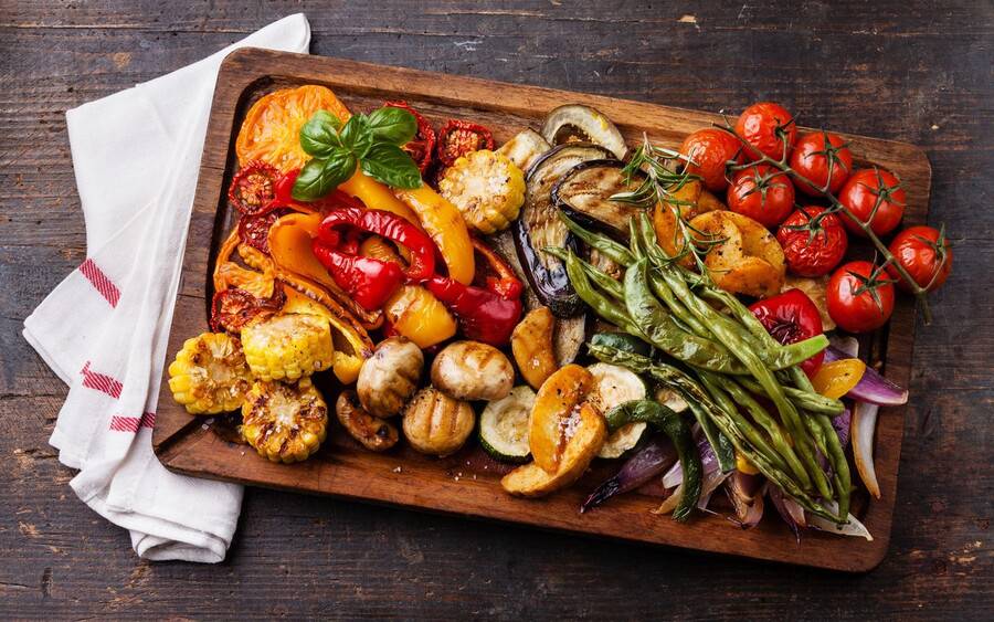 Diabetes friendly foods, roasted vegetables on a platter, comfort foods for winter.