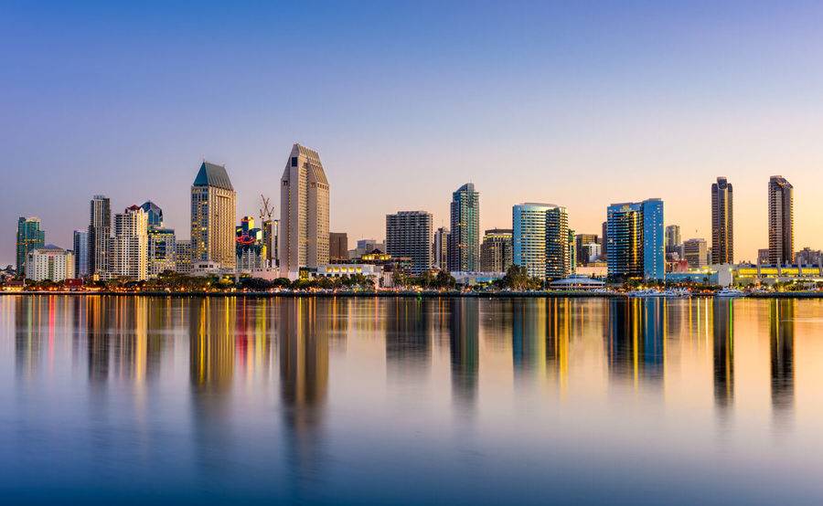 Skyline of downtown San Diego in the evening, representing the many hotels that offer discounts to Scripps patients.