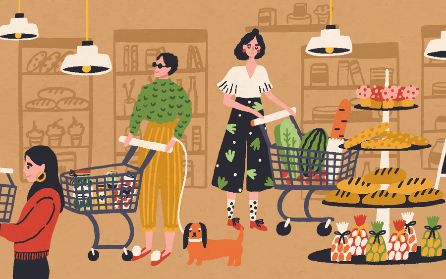 An illustration of people shopping for food at a grocery store and how it relates to reading food labels.