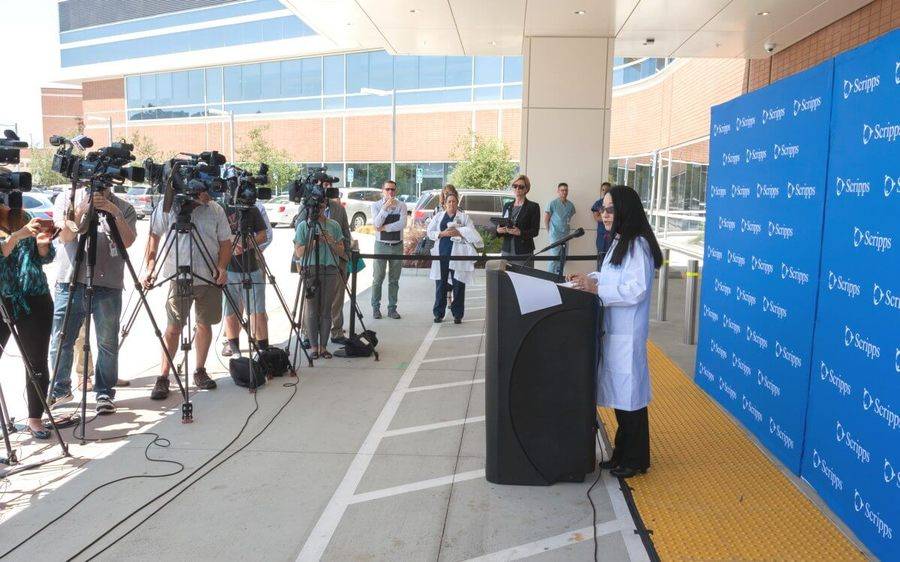Gail Tominga, MD, a Scripps Trauma surgeon, updates the media one last time on the shark attack patient.