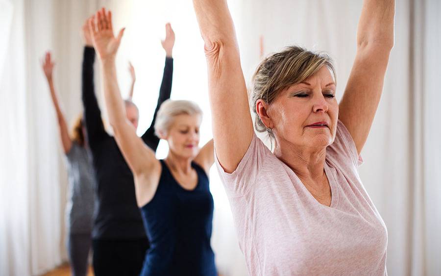 A group of mature adults raises their arms in the arm during an exercise class.