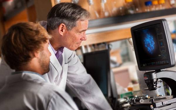 Two male Scripps Researchers view a microscopic image, work that may be impacted by possible NIH budget cuts.