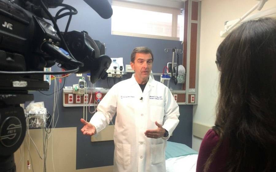 Scripps Mercy Hospital San Diego trauma surgeon and Chief of Staff Michael Sise, MD, talks to a local TV reporter about the mass shooting in Las Vegas.