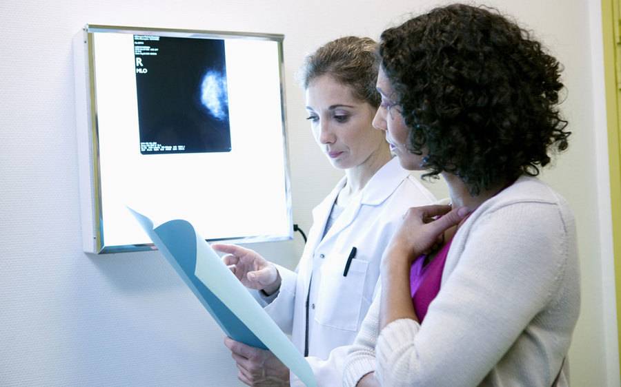 A Doctor .and patient discussing the results of a mammogram.