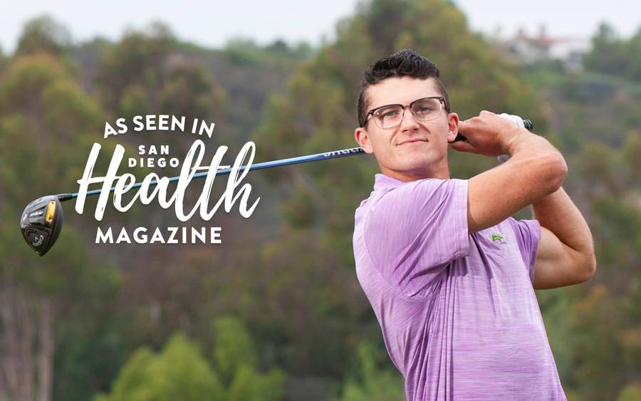 Sean O’Callaghan, 22, thrives after beating testicular cancer. Sean is pictured swinging a golf club - SD Health Magazine