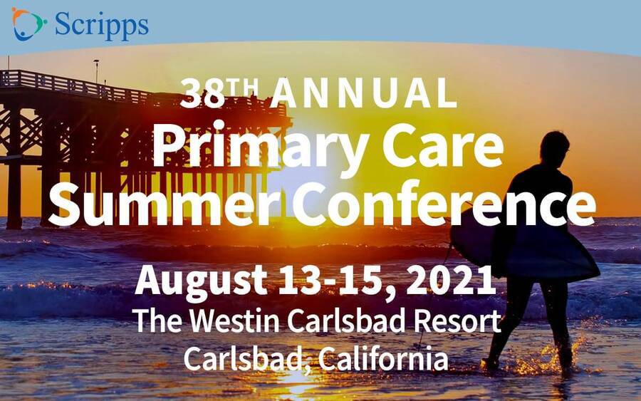 A photo of a surfer on the beach at sunrise represents this conference.