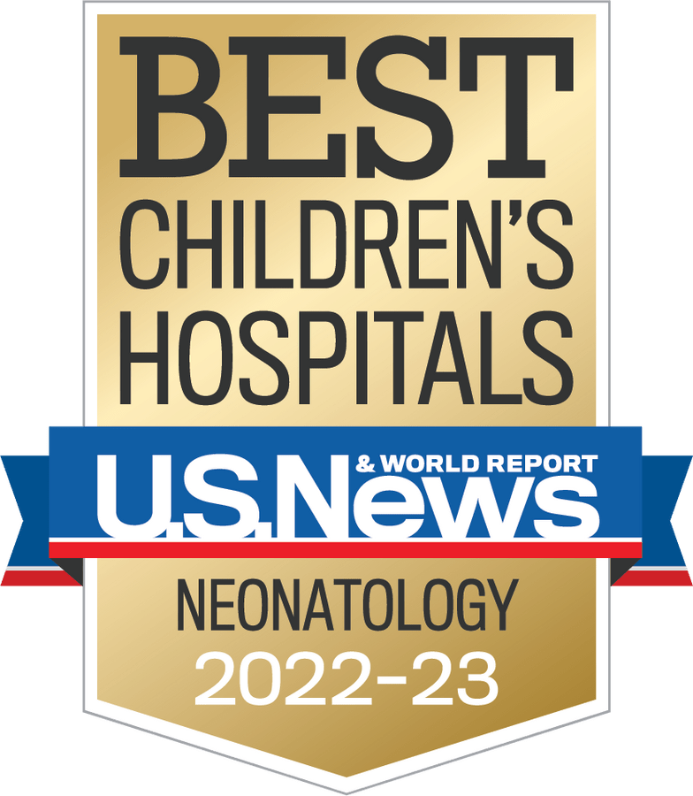 The gold and blue US News and World Report badge that Rady Children's Hospital received for the 2022 - 2023 award cycle.