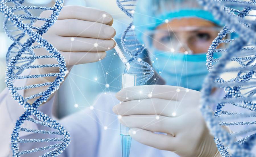 A scientist amidst DNA helixes working with a lab tube related to the Scripps Bio-Informatics Services.