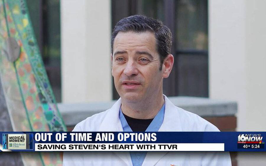 Scripps Health cardiologist, Curtiss Stinis, MD, discusses his regional heart valve achievement in a news broadcast.