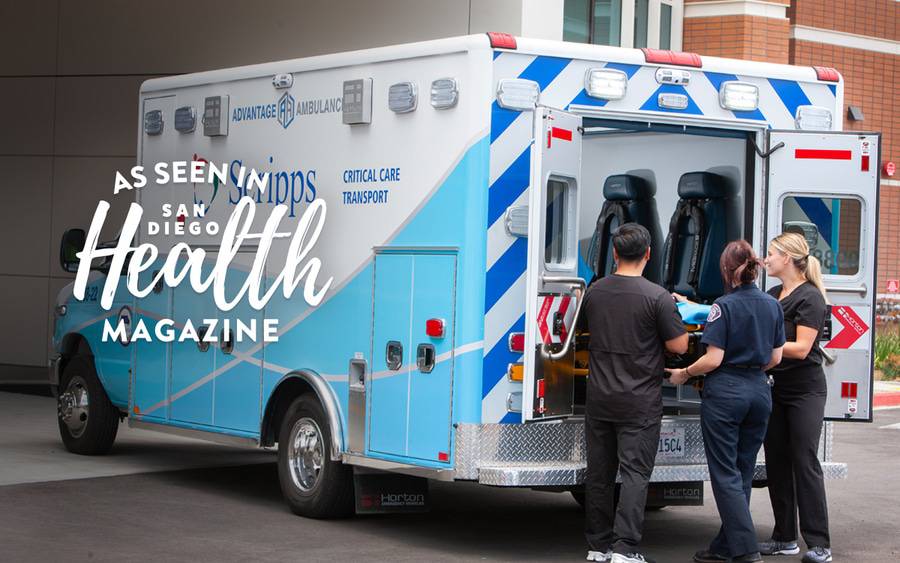 Scripps Critical Care Transport Team load a patient into the ambulance. San Diego Health Magazine