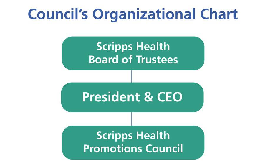 This image of an organizational chart details the health promotions council team at Scripps Health.