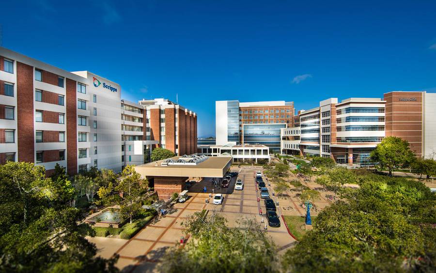 An aerial photo of the campus of Scripps Memorial Hospital La Jolla. 