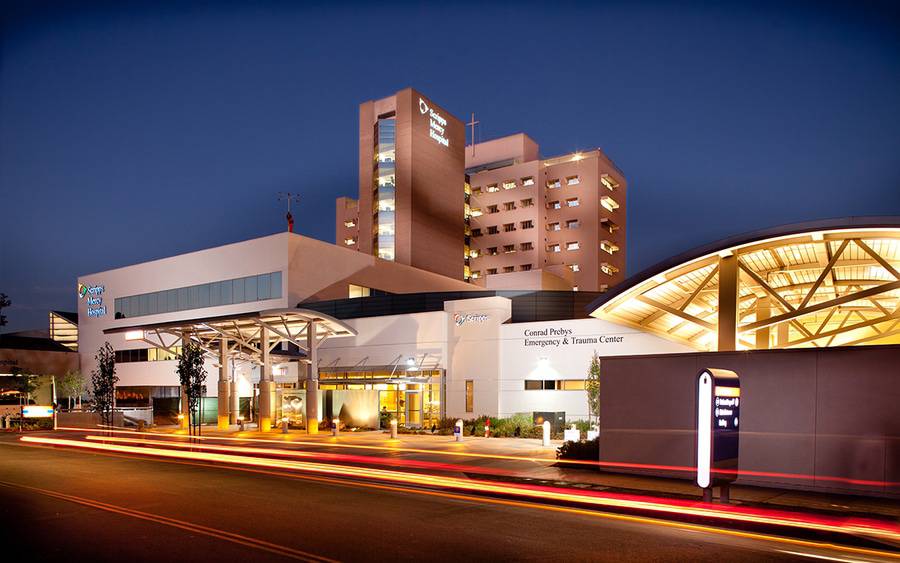 The exterior of the Conrad Prebys Emergency and Trauma Center, located on the campus of Scripps Mercy Hospital San Diego near the corner of 5th Avenue and Washington Street in Hillcrest.