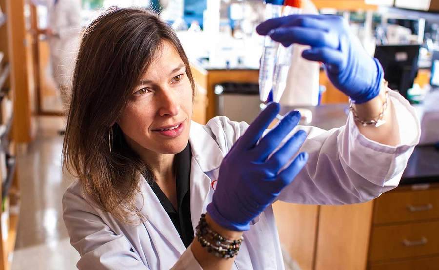 Scripps cancer surgeon and scientist Dr. Laura Goetz looks at samples in a lab, representing the importance of an accurate skin cancer diagnosis.