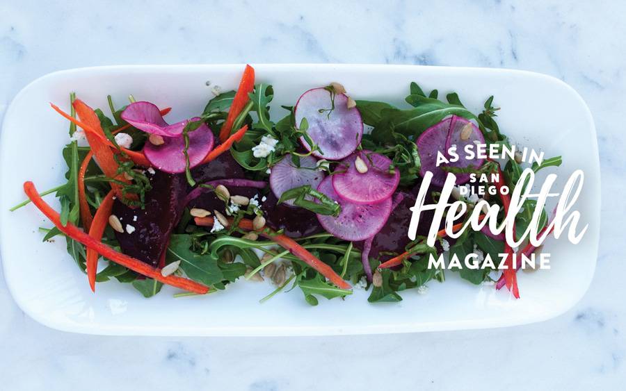 This tasty salad gets its color from arugula, beets and carrots, its crunch from almonds and sunflower seeds, and extra flavor from fresh herbs and lemon juice.