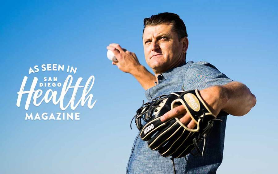 Padres Hall of Fame pitcher Trevor Hoffman practices pitching a baseball after shoulder replacement surgery at Scripps.