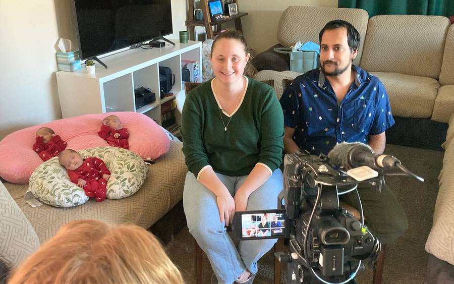 New parents Stacie and Neal Radia talk to a CBS 8 reporter as they celebrate their first Christmas as a new family of five with their newborn triplets born at Scripps Memorial Hospital La Jolla.
