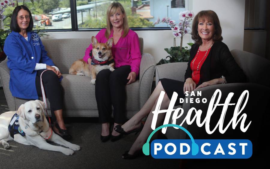 l-r Rosemary Van Gorder, Scripps pet therapy volunteer and her dog Amber; Jill Sandman, volunteer manager at Scripps and Jojo; and San Diego Health host Susan Taylor discuss benefits of pet therapy.