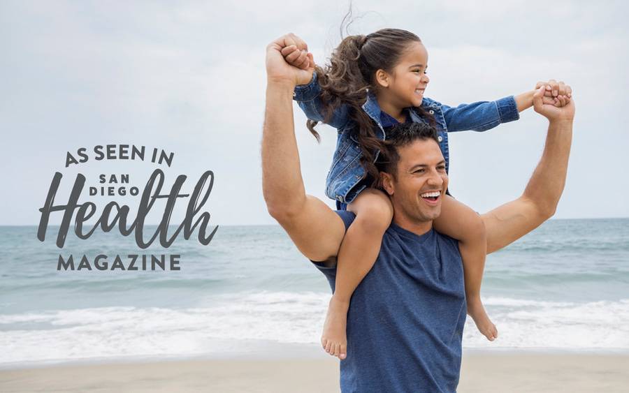 Happy and healthy dad, represents a patient who takes advantage of the diagnostic and treatment options available at Scripps to treat common men’s health issues.