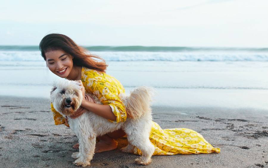 The health benefits of pets during COVID illustrated with photo of smiling woman with pet at beach.