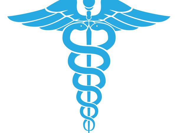 Health care symbol, Caduceus, two serpents encircle a short staff with wings at the top.